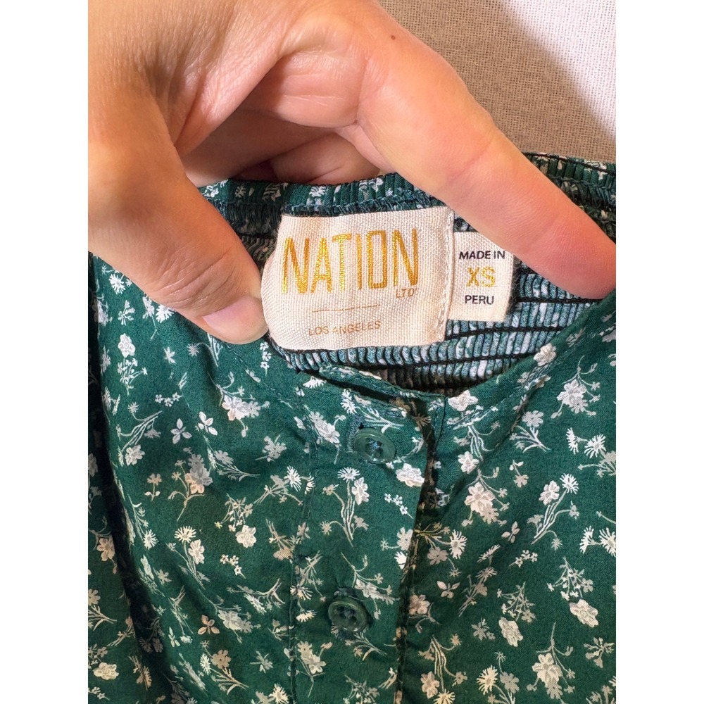Nation LTD Green Floral Pima Cotton Midi Dress Button Front Pockets XS - Picture 5 of 12